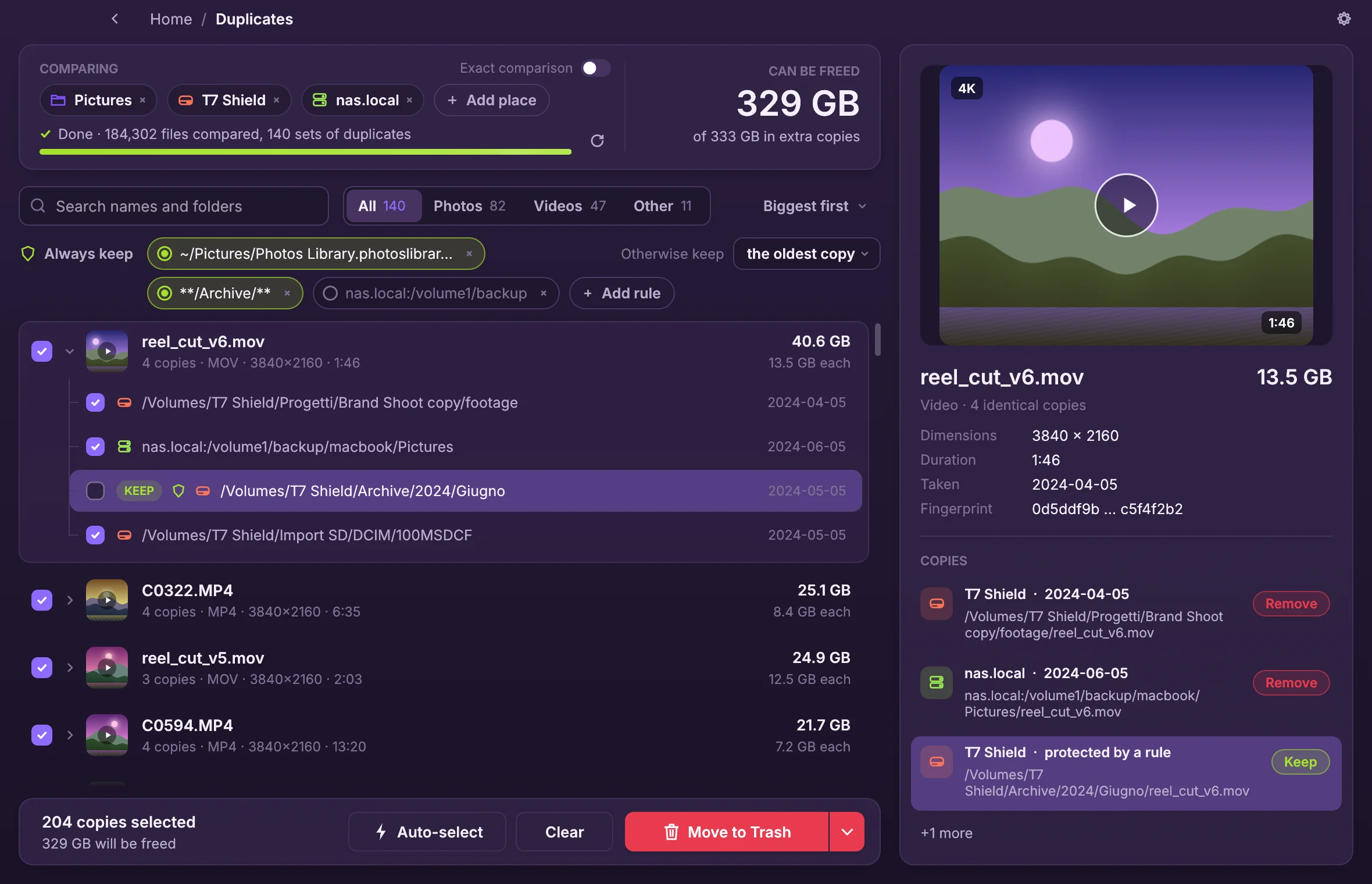 The duplicate finder: sets of identical videos across a Mac, an external SSD and a NAS, with the copy to keep picked by a rule and a preview on the right