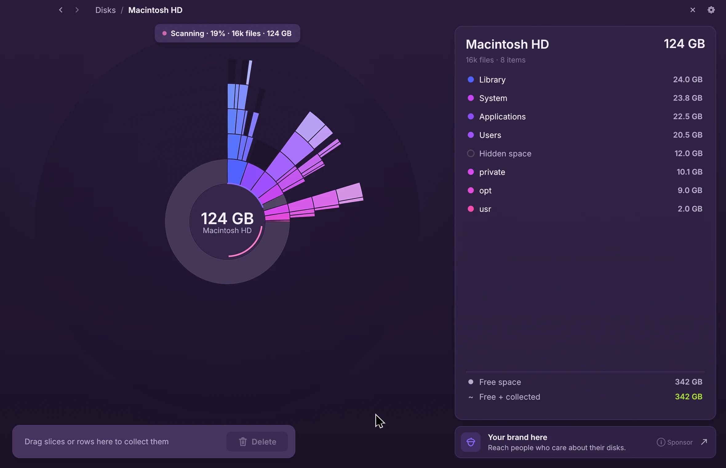The sunburst chart of a whole disk with the biggest folders listed on the right