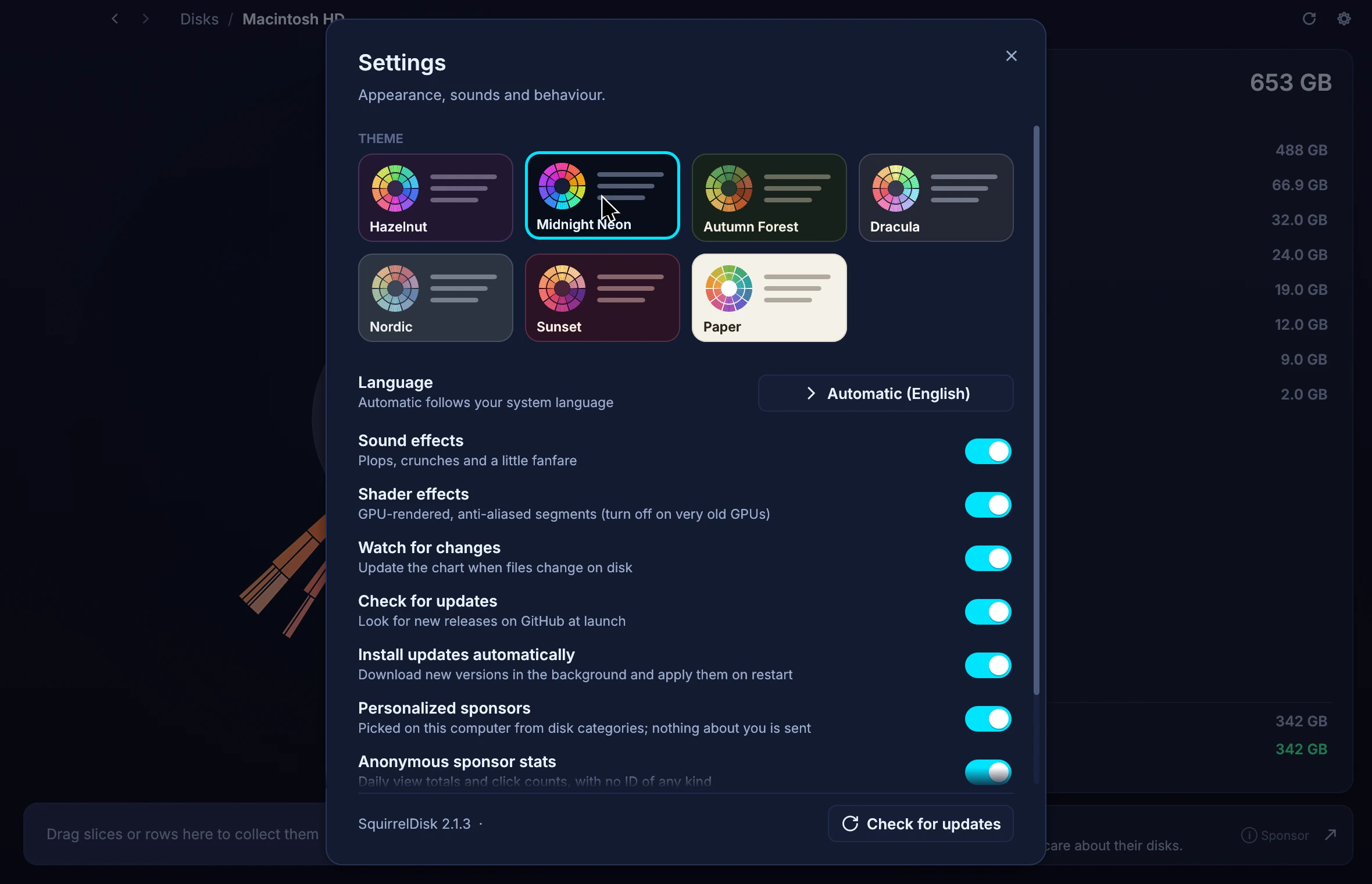Switching between colour themes in Settings