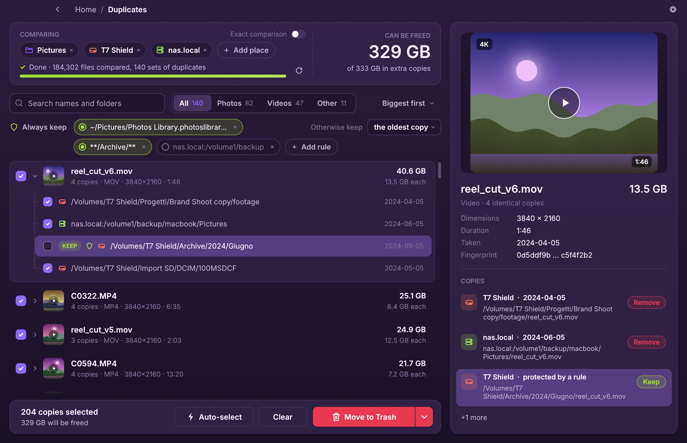 The duplicate finder: sets of identical videos across a Mac, an external SSD and a NAS